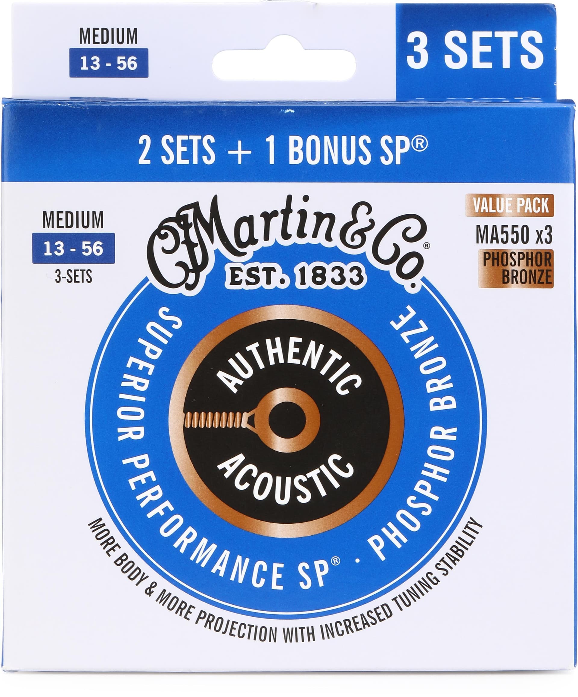 MA550 Authentic Acoustic Superior Performance Guitar Strings - 92/8 Phosphor Bronze Medium (3-pack)